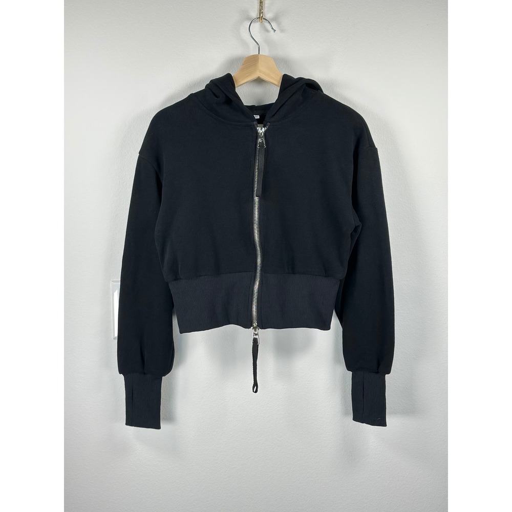 Black Cropped Two-Way Zip Hoodie XS Boxy Long Sleeve Sweatshirt Y2K Streetwear
